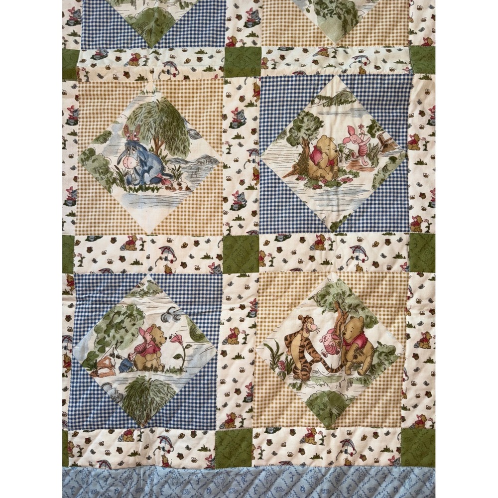 Disney Winnie the Pooh Baby Quilt Blue Tan Satin Trim Patchwork homemade crib - Picture 2 of 7